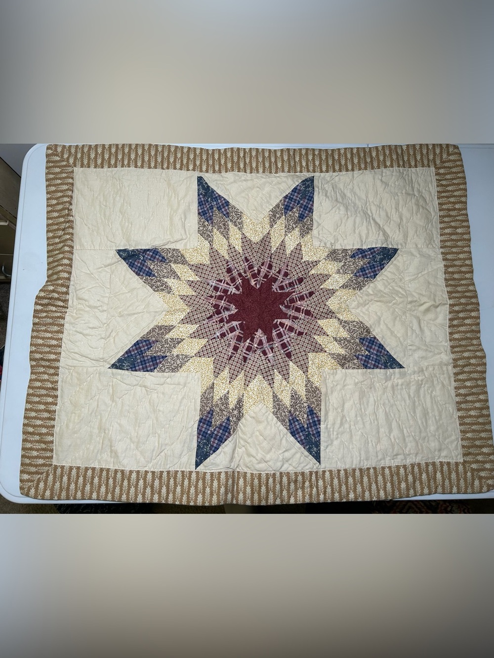 Star Patchwork Quilted Pillowcase Cream, Blue, Burgundy Country Chic Homey Cozy